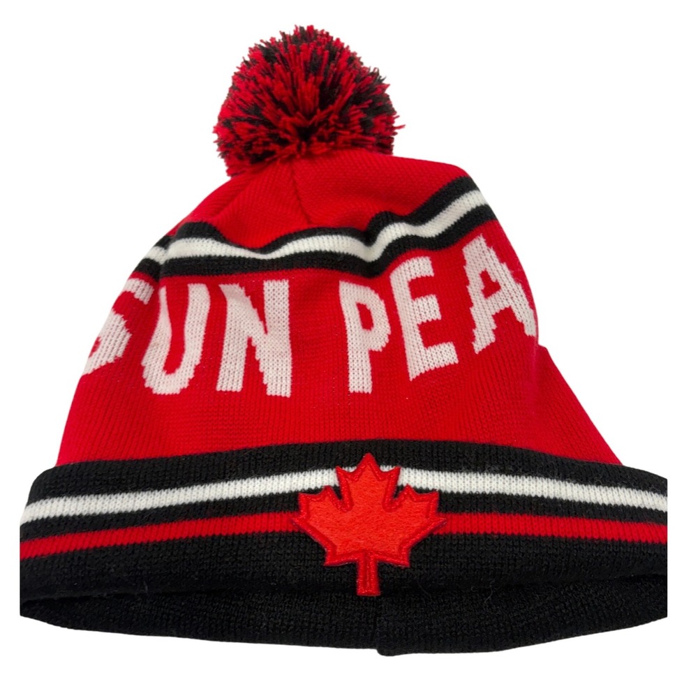Sun Peaks Canada Resort Pom Beanie Red Black White Knit Hat Maple Leaf Ski Hat